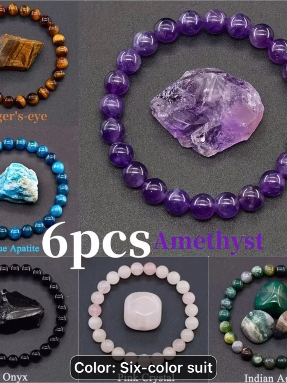 6 natural stone Amethyst Beaded Stretch Bracelet-6 Color Crystal Set